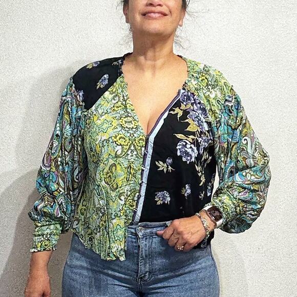 Free People Green Gemini Mixed Print Blouse Sz S - Picture 1 of 11